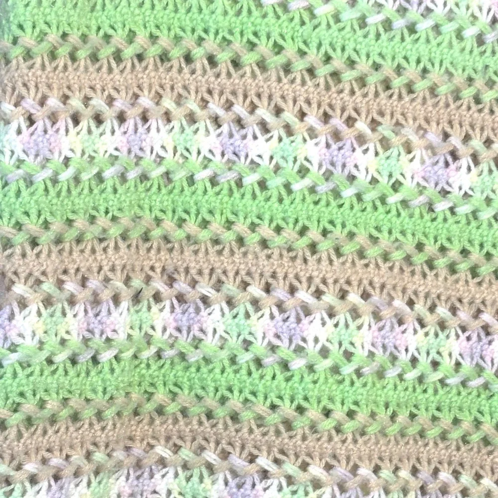 Vintage 1980s Handmade Crochet Blanket Green Purple Tan 110x76 Softt